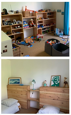 meuble retourné afin de cacher le bazar 